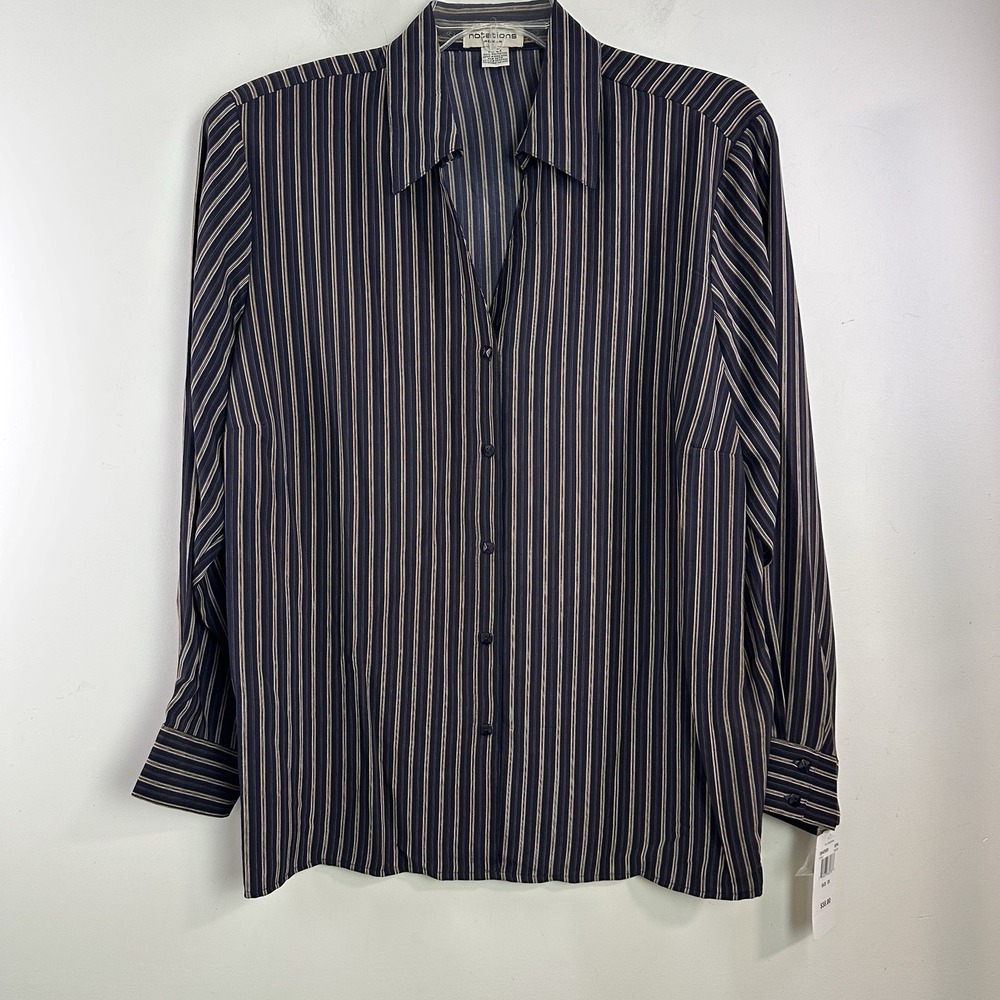 Notations Womens Button Up Shirt 2X Black Tan Stripes V Neck Career Office New